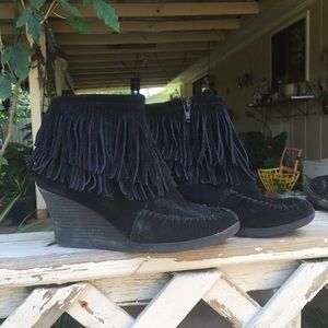 Black suede fringe booties